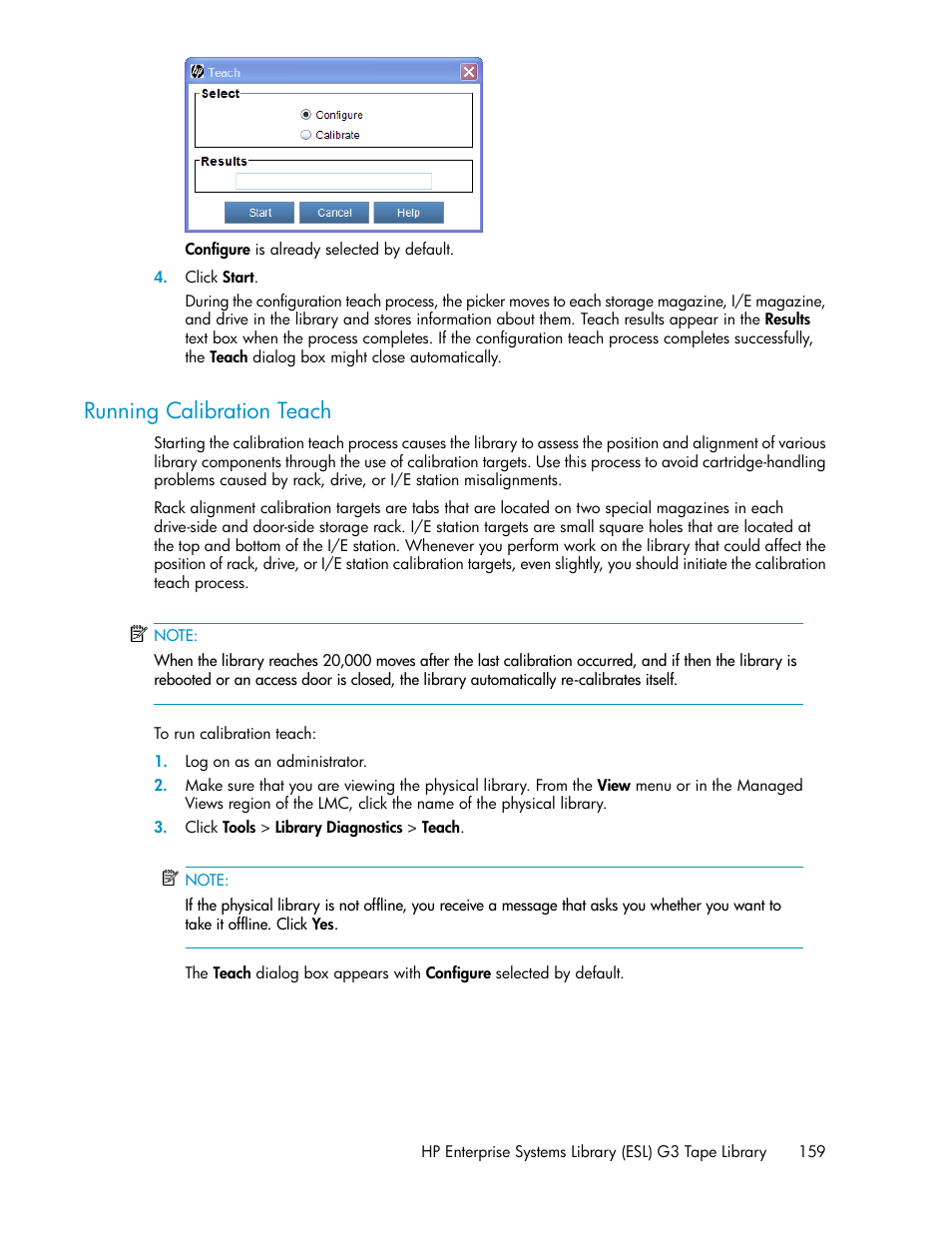 Running calibration teach | HP StoreEver ESL G3 Tape Libraries User Manual | Page 159 / 286