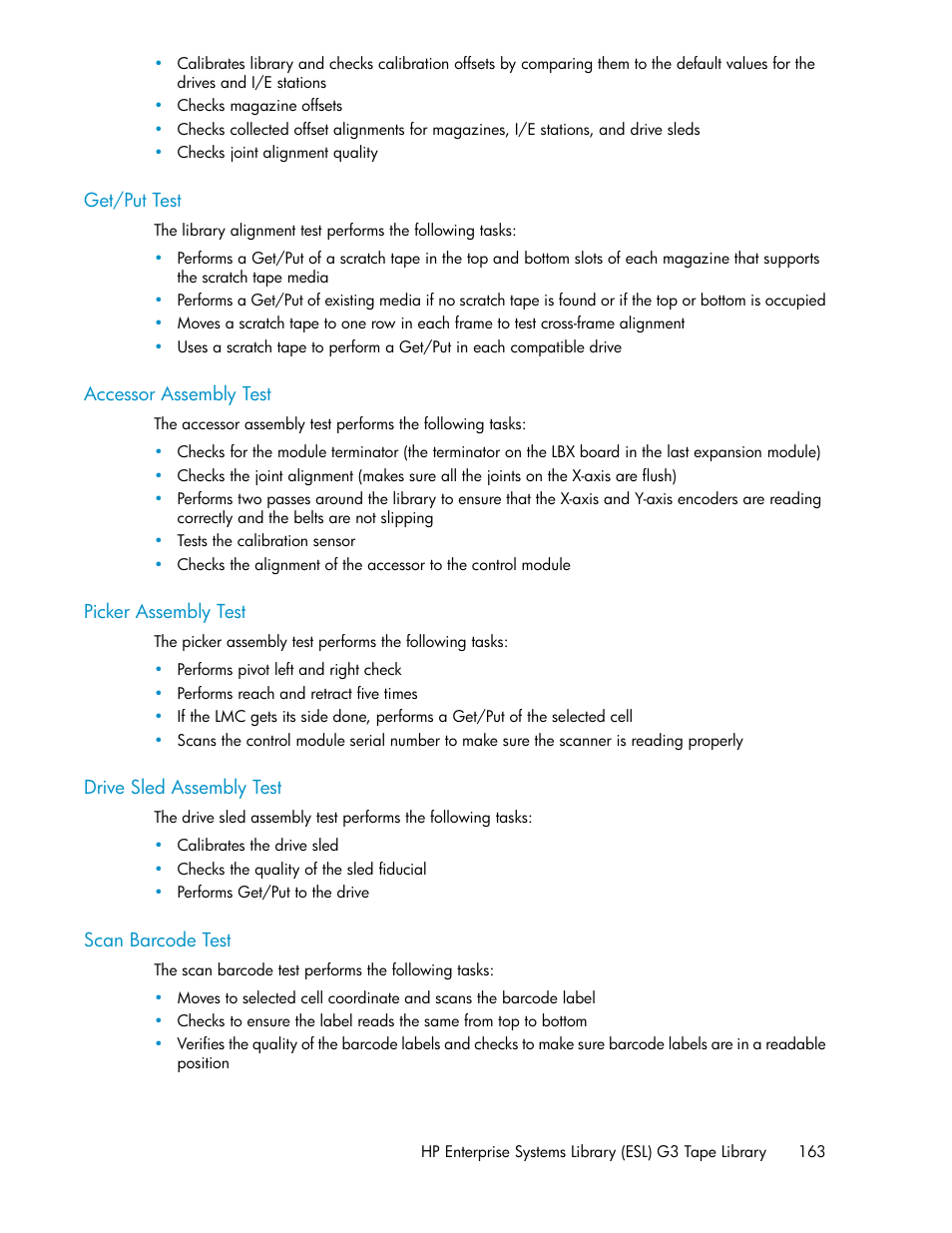 Get/put test, Accessor assembly test, Picker assembly test | Drive sled assembly test, Scan barcode test, 163 accessor assembly test, 163 picker assembly test, 163 drive sled assembly test, 163 scan barcode test | HP StoreEver ESL G3 Tape Libraries User Manual | Page 163 / 286