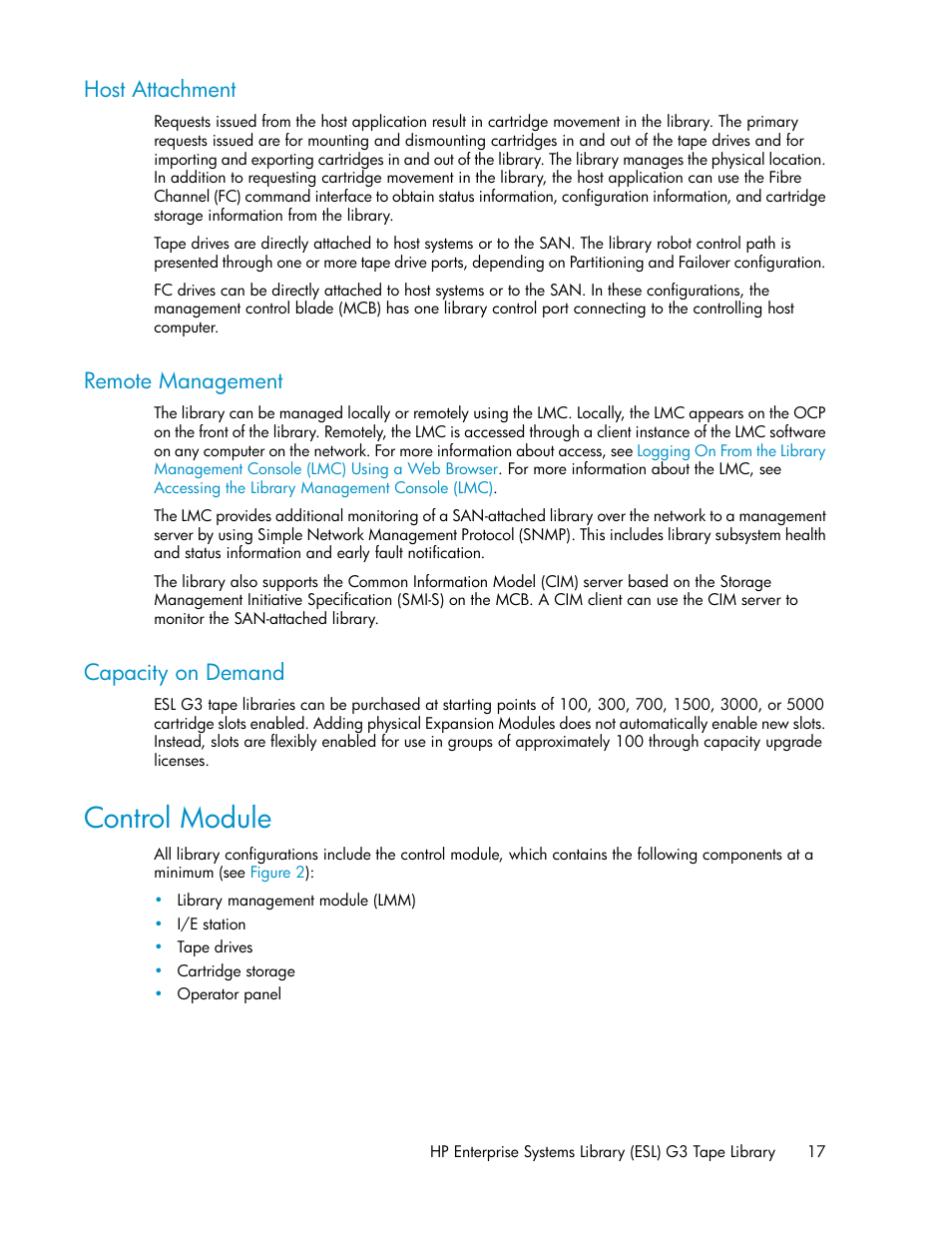 Host attachment, Remote management, Capacity on demand | Control module, 17 remote management, 17 capacity on demand | HP StoreEver ESL G3 Tape Libraries User Manual | Page 17 / 286