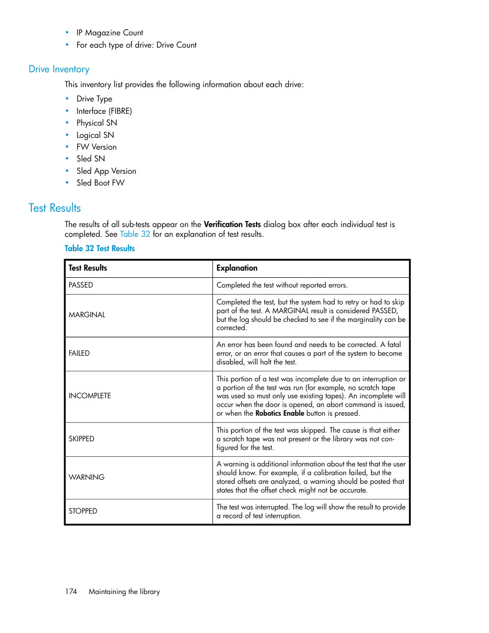 Drive inventory, Test results | HP StoreEver ESL G3 Tape Libraries User Manual | Page 174 / 286