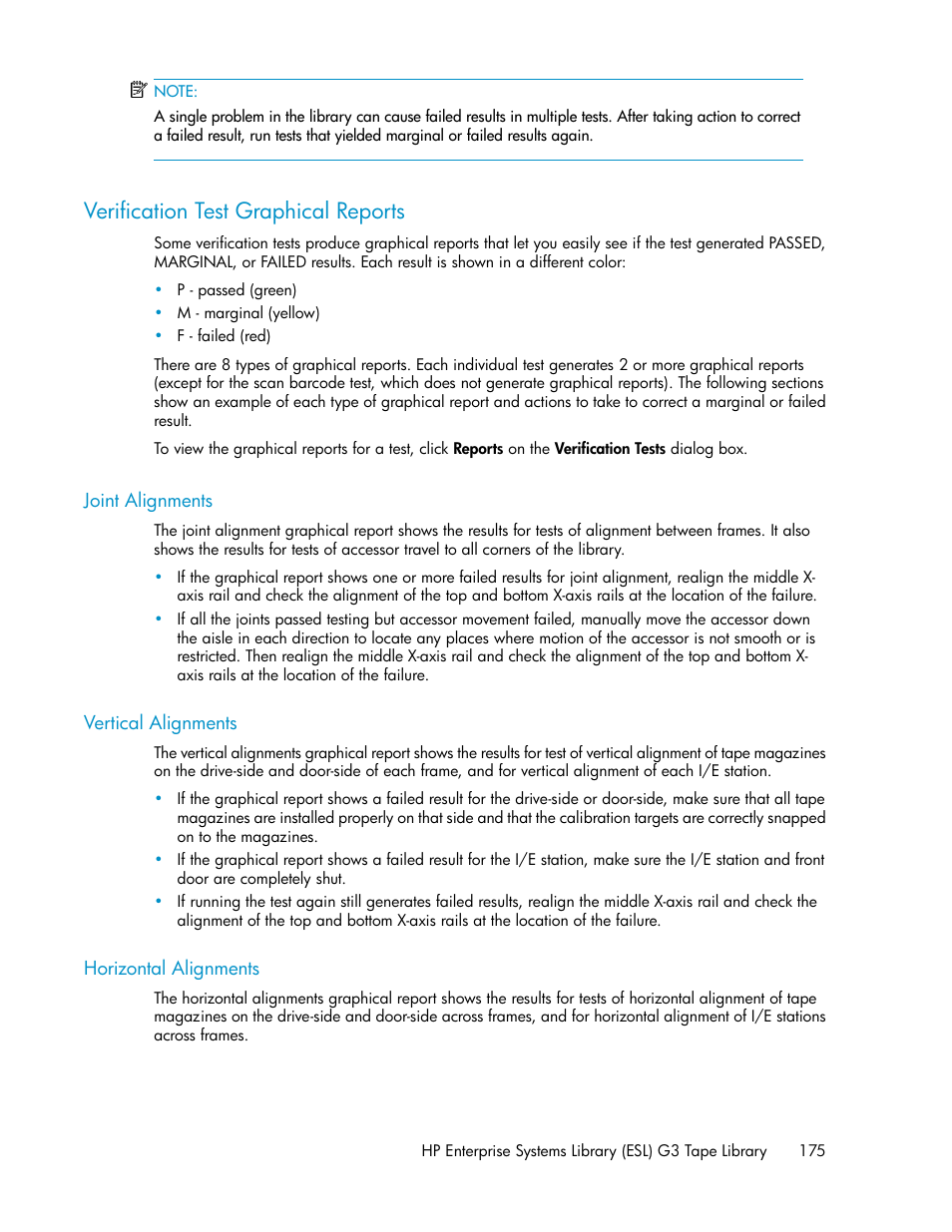 Verification test graphical reports, Joint alignments, Vertical alignments | Horizontal alignments, 175 vertical alignments, 175 horizontal alignments, Verification test, Graphical reports, Verification test graphical, Reports | HP StoreEver ESL G3 Tape Libraries User Manual | Page 175 / 286