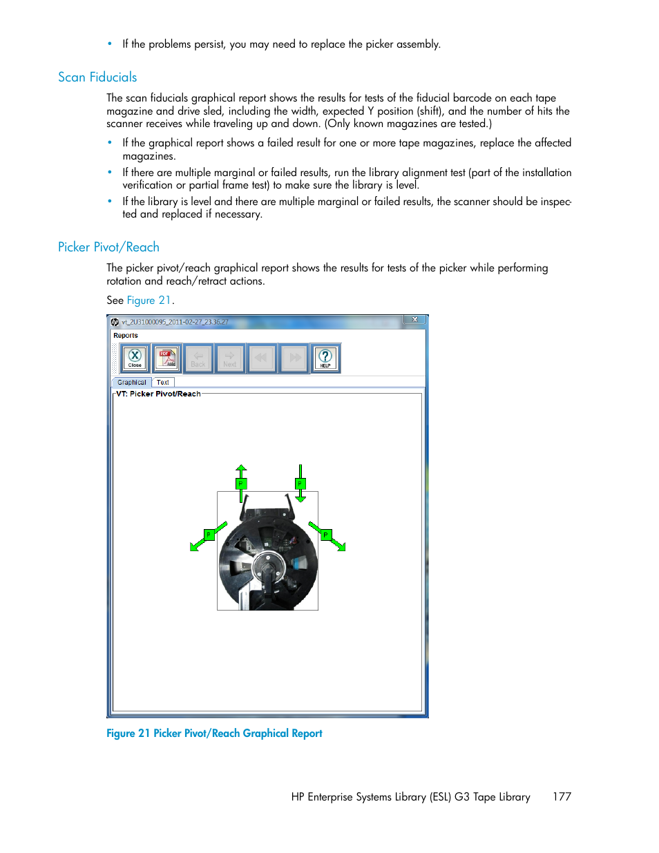 Scan fiducials, Picker pivot/reach, 177 picker pivot/reach | Picker pivot/reach graphical report | HP StoreEver ESL G3 Tape Libraries User Manual | Page 177 / 286