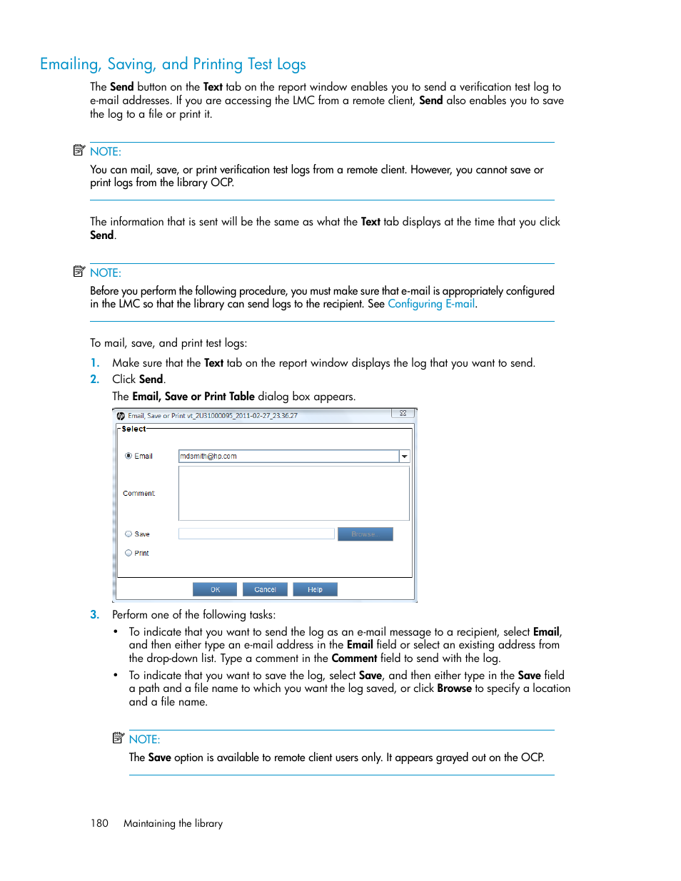 Emailing, saving, and printing test logs, Emailing, saving, and, Printing test logs | Emailing, saving, and printing test, Logs, Emailing, saving, and printing, Test logs | HP StoreEver ESL G3 Tape Libraries User Manual | Page 180 / 286