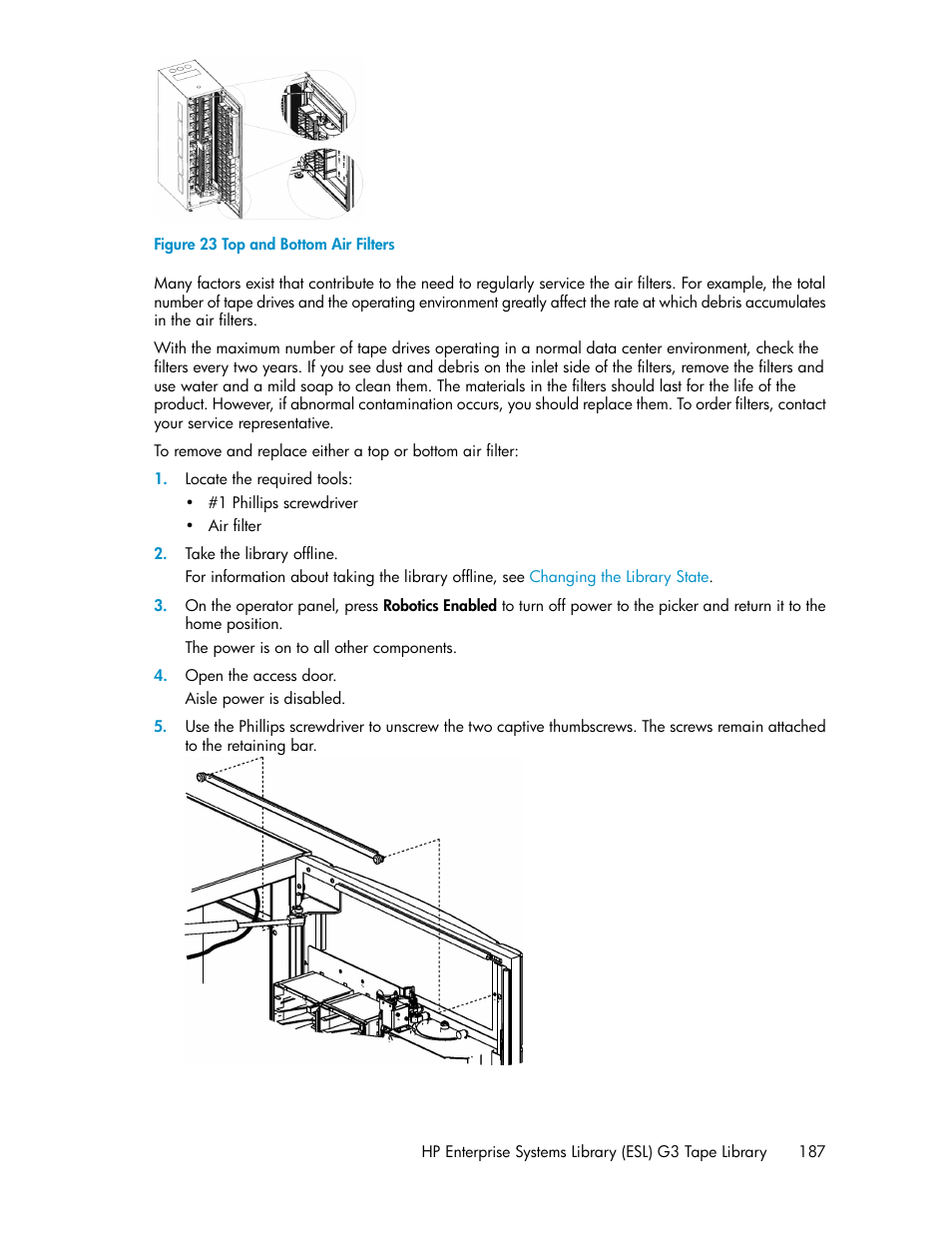 Top and bottom air filters | HP StoreEver ESL G3 Tape Libraries User Manual | Page 187 / 286