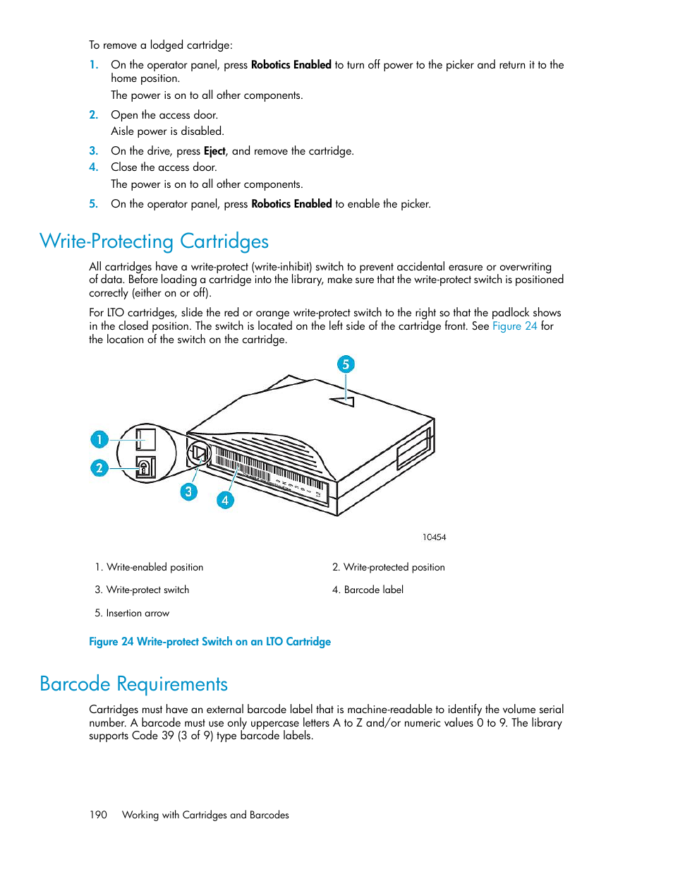 Write-protecting cartridges, Barcode requirements, 190 barcode requirements | Write-protect switch on an lto cartridge | HP StoreEver ESL G3 Tape Libraries User Manual | Page 190 / 286