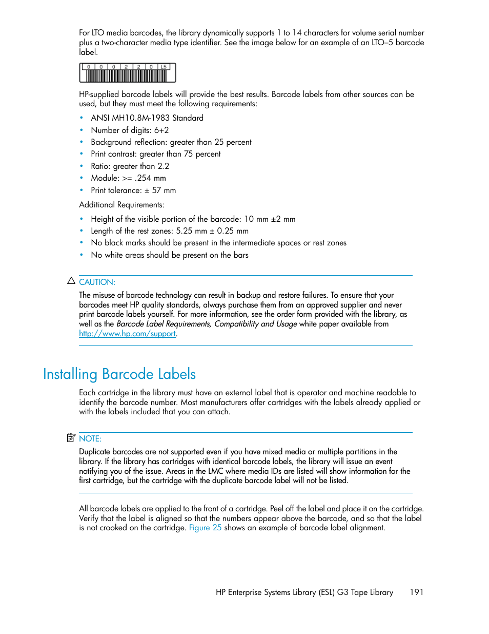 Installing barcode labels | HP StoreEver ESL G3 Tape Libraries User Manual | Page 191 / 286