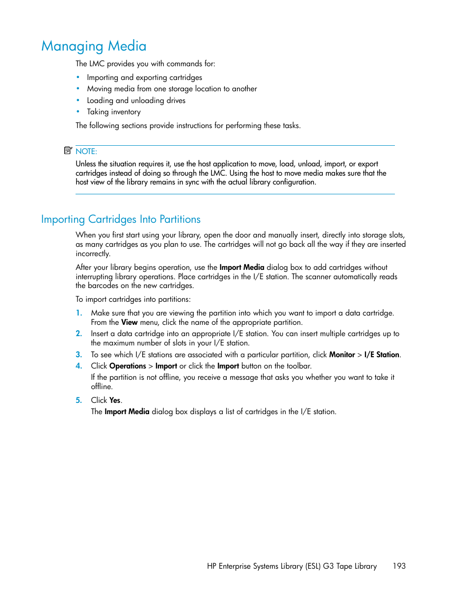 Managing media, Importing cartridges into partitions | HP StoreEver ESL G3 Tape Libraries User Manual | Page 193 / 286