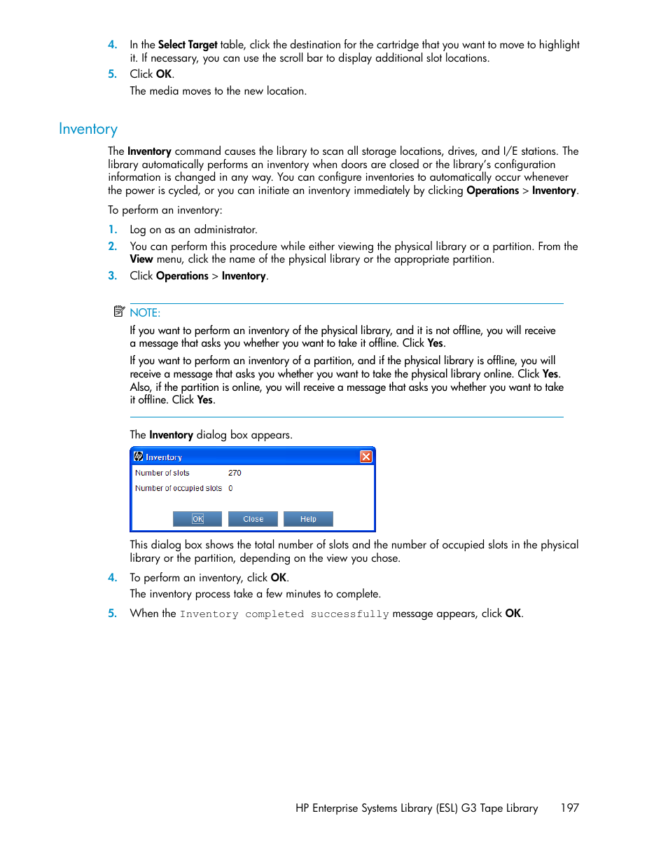 Inventory | HP StoreEver ESL G3 Tape Libraries User Manual | Page 197 / 286
