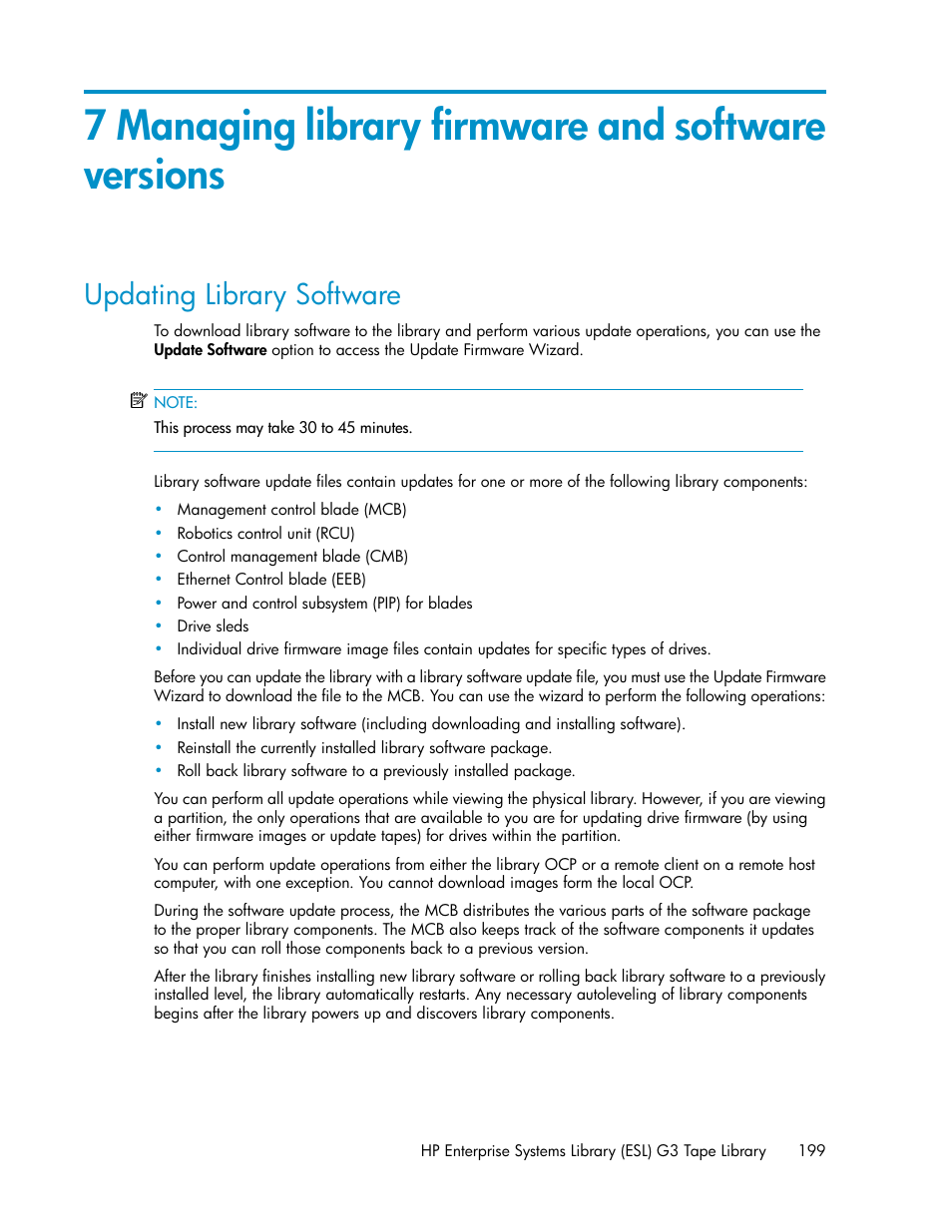 7 managing library firmware and software versions, Updating library software | HP StoreEver ESL G3 Tape Libraries User Manual | Page 199 / 286