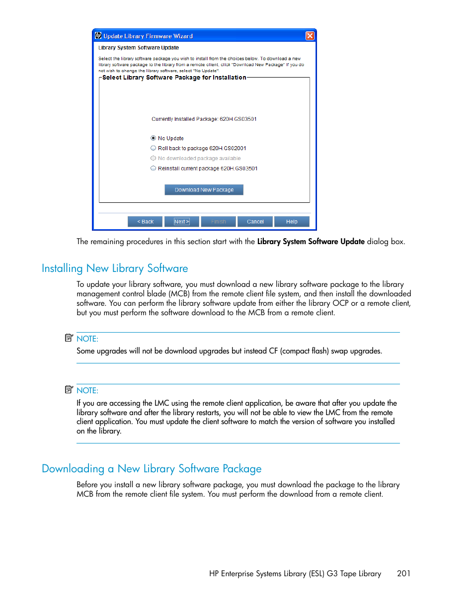 Installing new library software, Downloading a new library software package, 201 downloading a new library software package | HP StoreEver ESL G3 Tape Libraries User Manual | Page 201 / 286