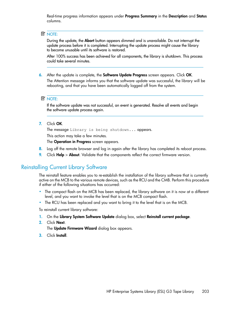 Reinstalling current library software | HP StoreEver ESL G3 Tape Libraries User Manual | Page 203 / 286