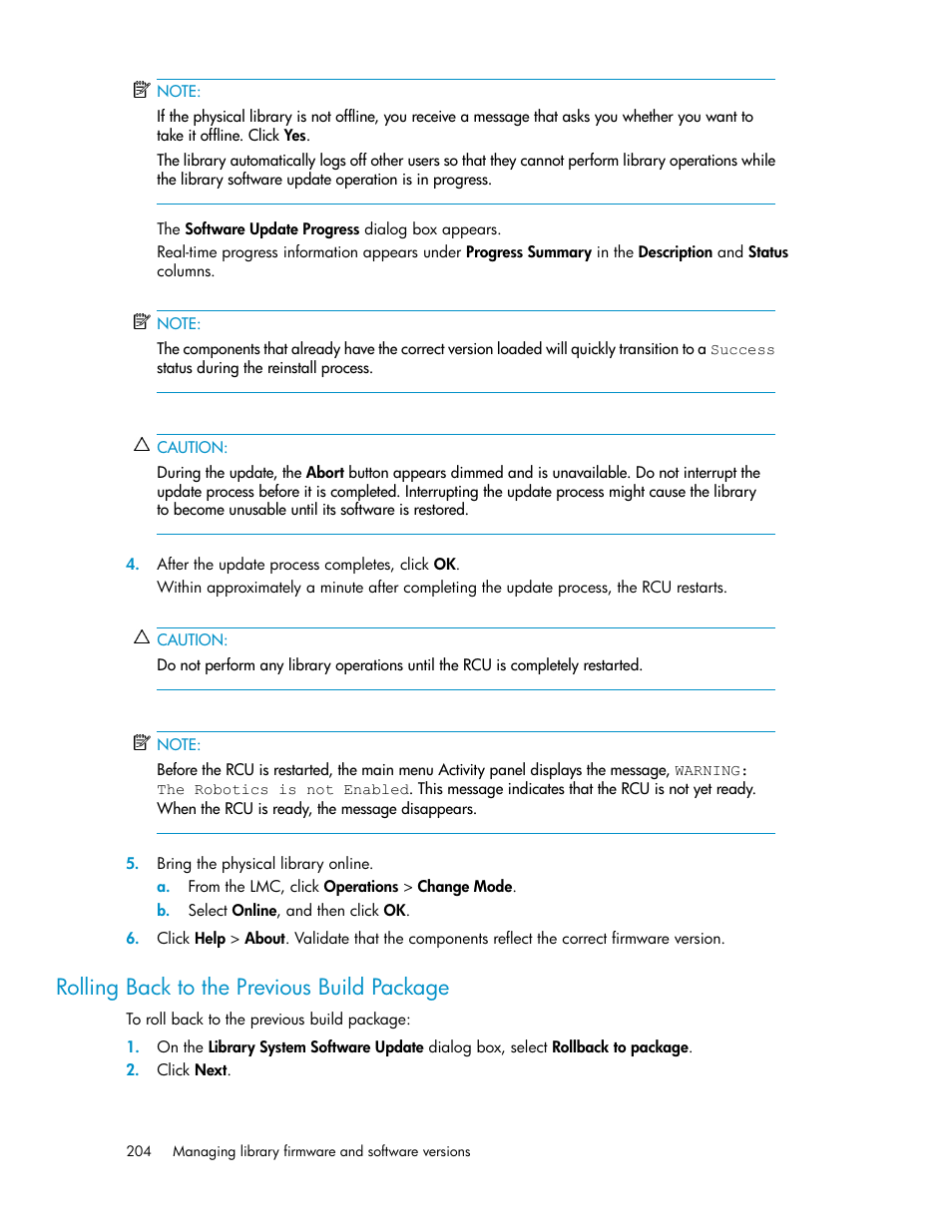 Rolling back to the previous build package | HP StoreEver ESL G3 Tape Libraries User Manual | Page 204 / 286