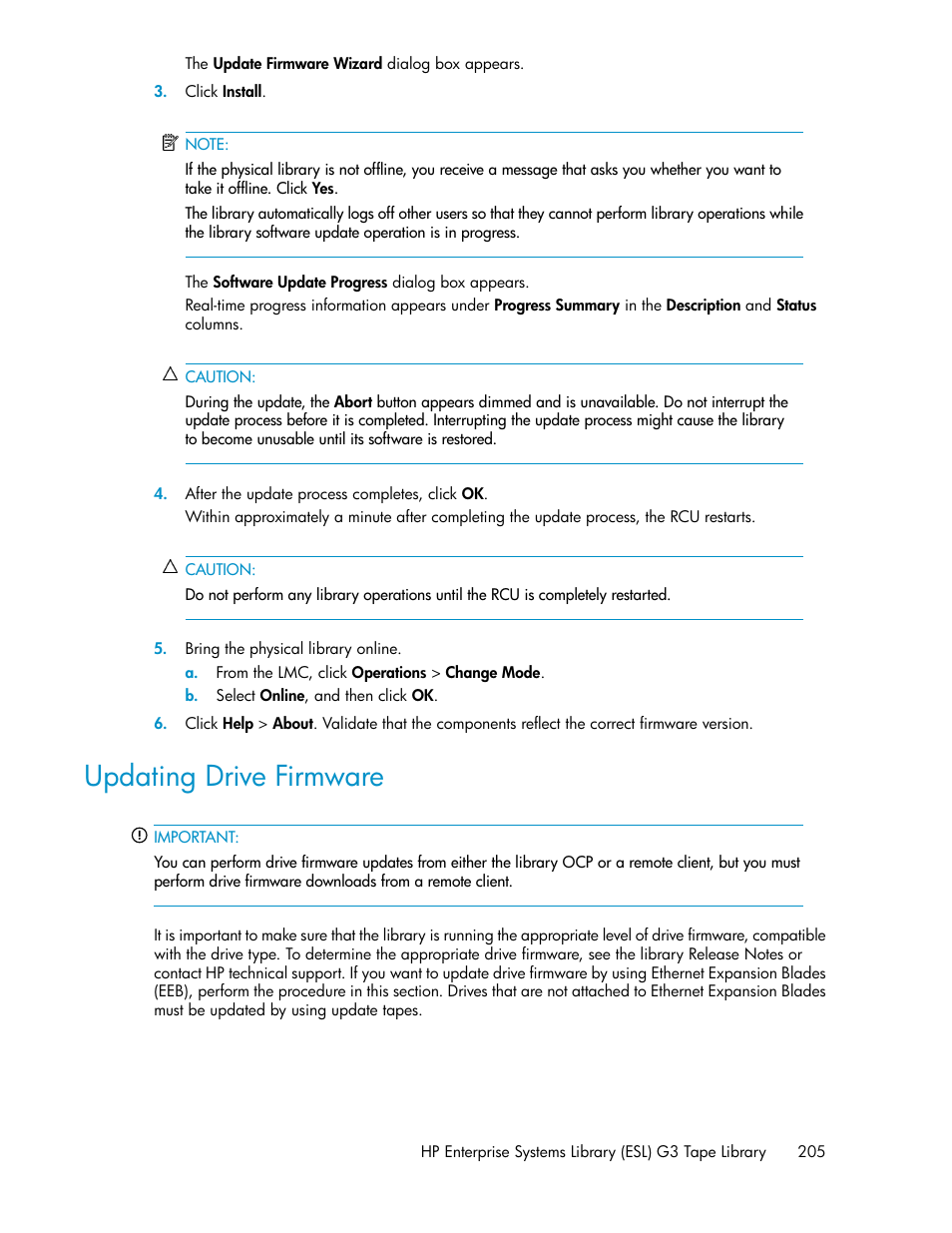 Updating drive firmware | HP StoreEver ESL G3 Tape Libraries User Manual | Page 205 / 286