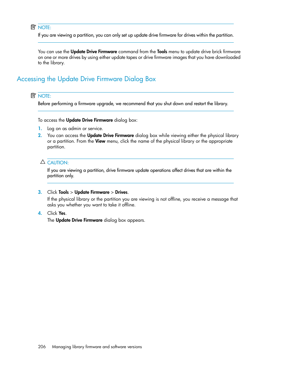 Accessing the update drive firmware dialog box | HP StoreEver ESL G3 Tape Libraries User Manual | Page 206 / 286