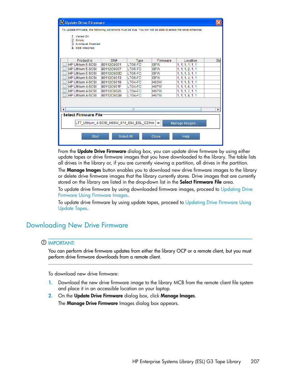 Downloading new drive firmware | HP StoreEver ESL G3 Tape Libraries User Manual | Page 207 / 286