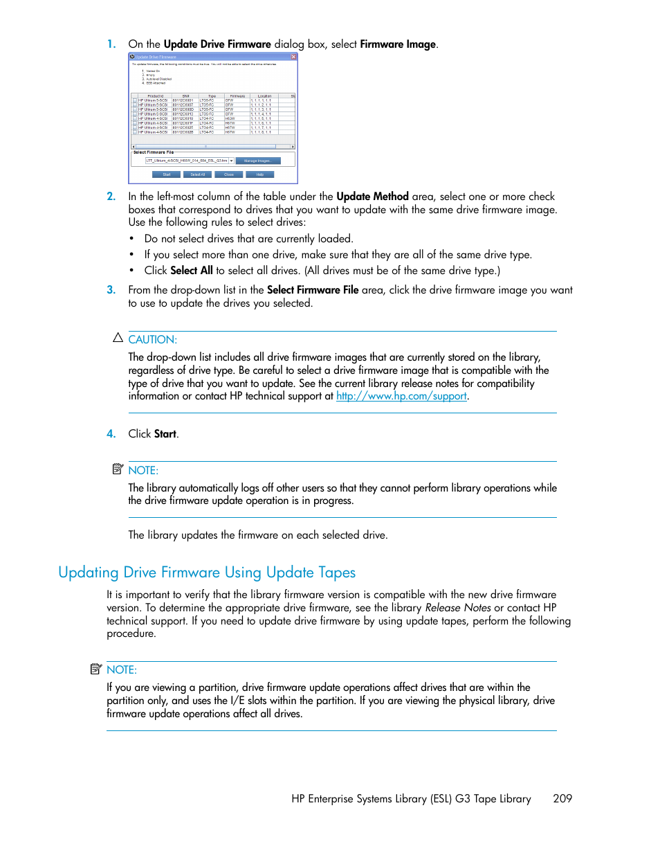 Updating drive firmware using update tapes, Updating drive firmware using, Update tapes | HP StoreEver ESL G3 Tape Libraries User Manual | Page 209 / 286