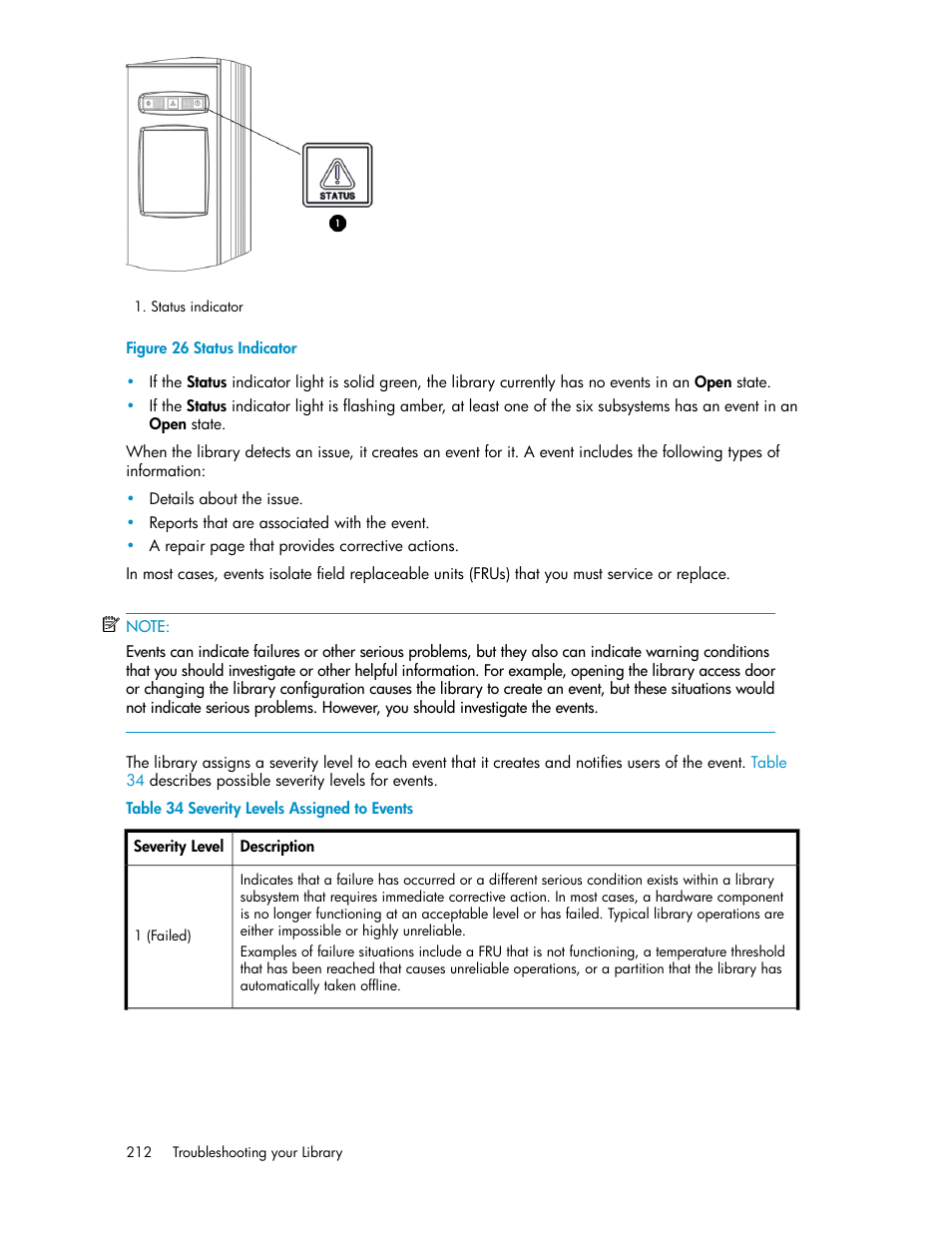 Status indicator, Severity levels assigned to events | HP StoreEver ESL G3 Tape Libraries User Manual | Page 212 / 286