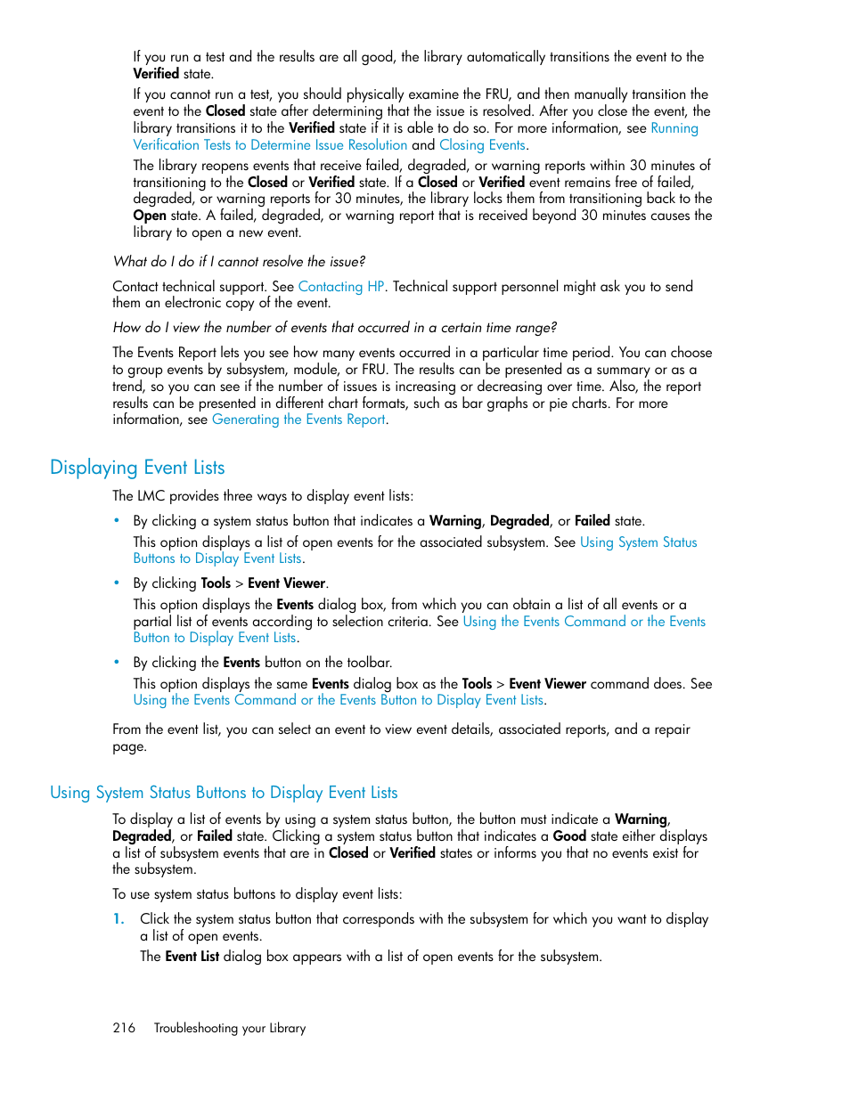 Displaying event lists, Using system status buttons to display event lists | HP StoreEver ESL G3 Tape Libraries User Manual | Page 216 / 286