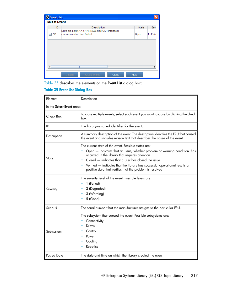 Event list dialog box | HP StoreEver ESL G3 Tape Libraries User Manual | Page 217 / 286