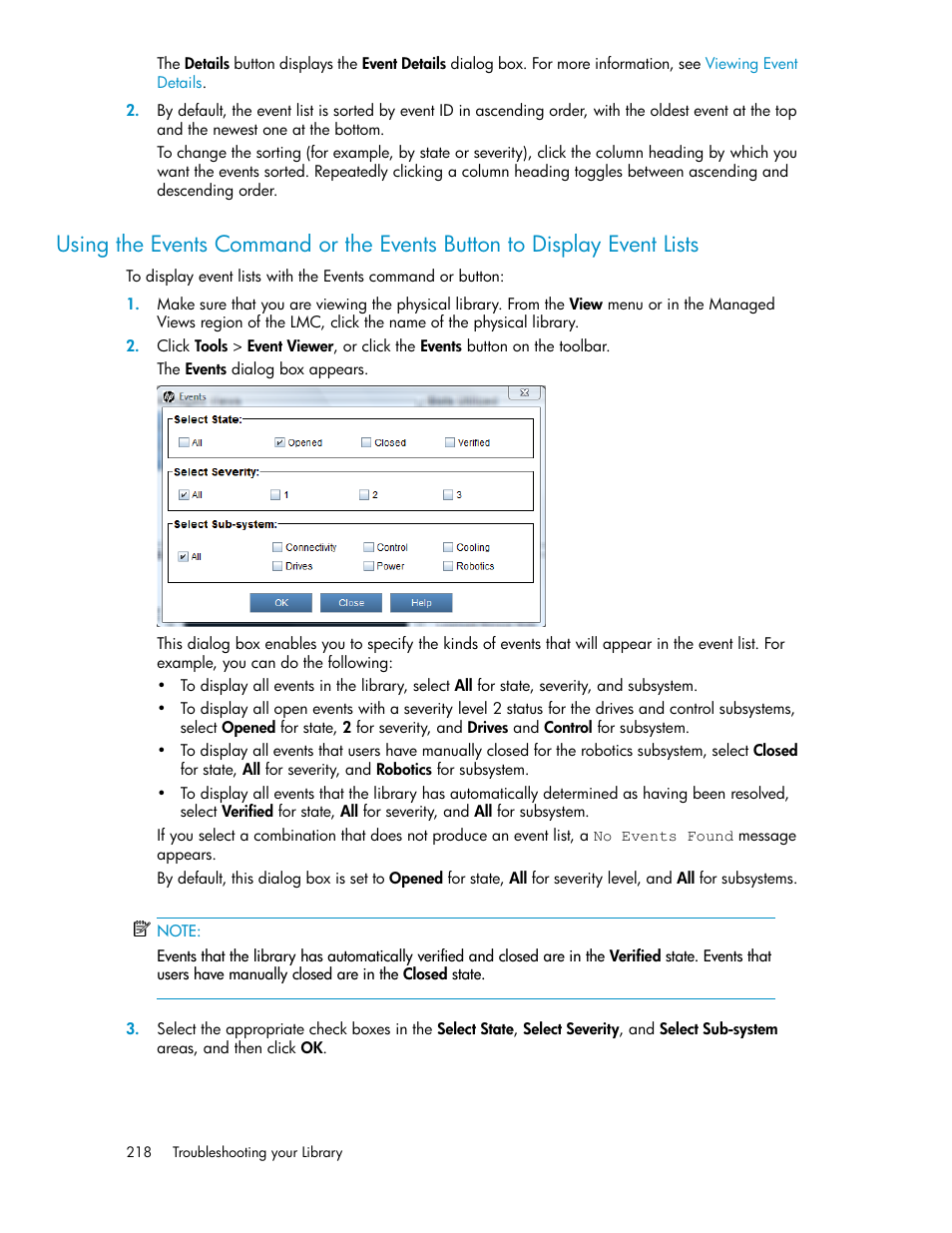 Using the events command or the events, Button to display event lists | HP StoreEver ESL G3 Tape Libraries User Manual | Page 218 / 286