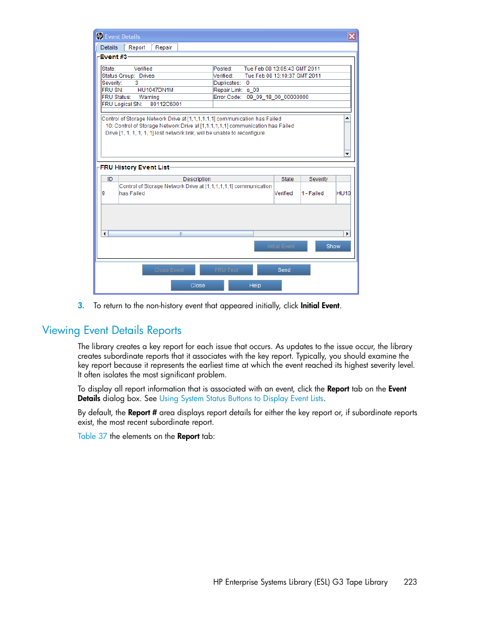 Viewing event details reports | HP StoreEver ESL G3 Tape Libraries User Manual | Page 223 / 286