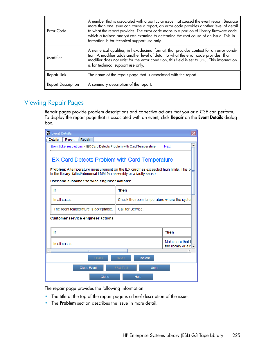 Viewing repair pages | HP StoreEver ESL G3 Tape Libraries User Manual | Page 225 / 286