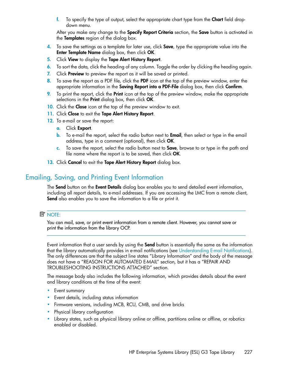 Emailing, saving, and printing event information | HP StoreEver ESL G3 Tape Libraries User Manual | Page 227 / 286