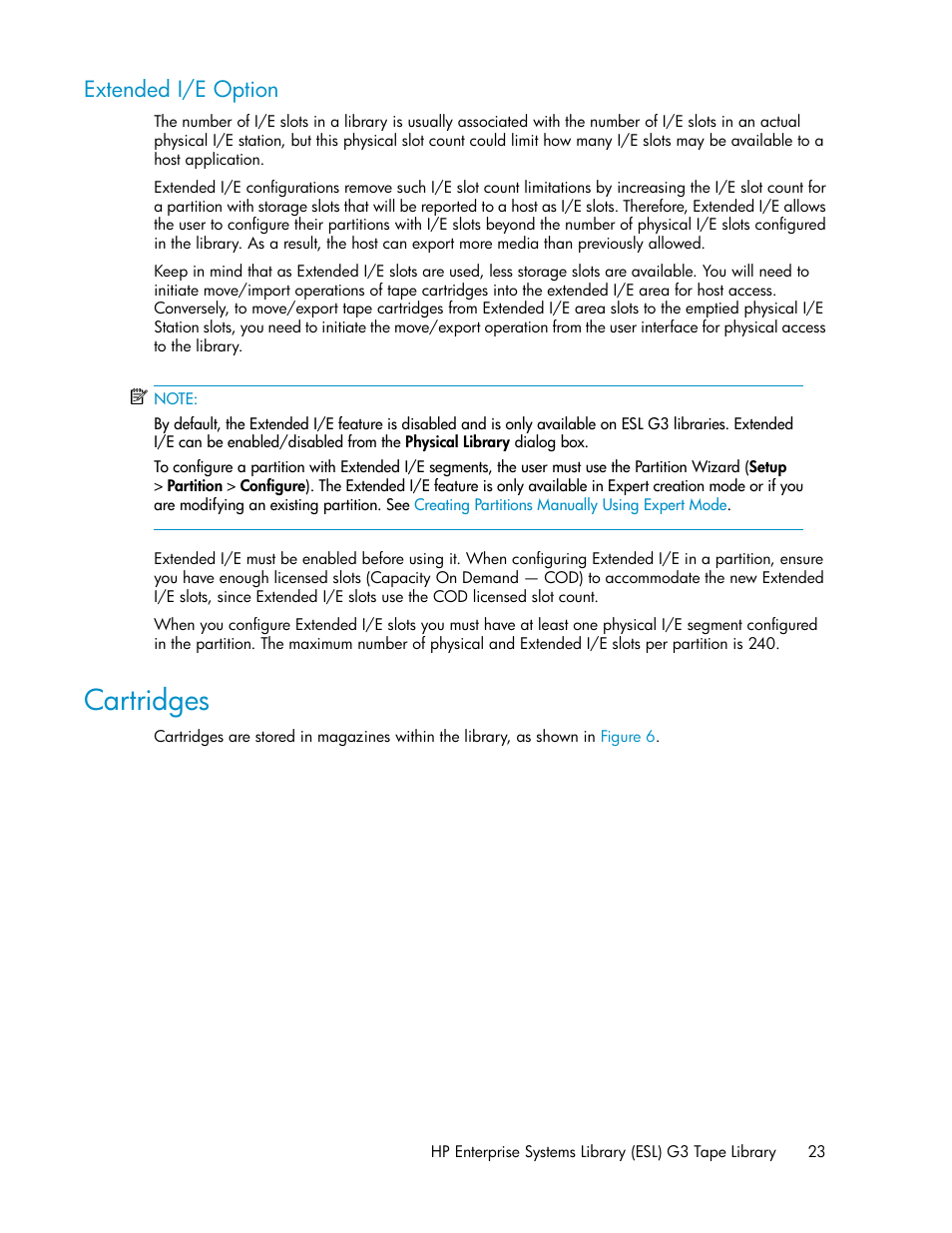 Extended i/e option, Cartridges | HP StoreEver ESL G3 Tape Libraries User Manual | Page 23 / 286