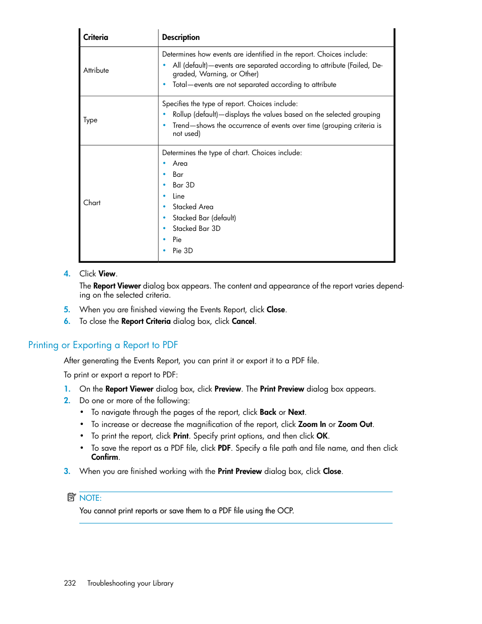 Printing or exporting a report to pdf | HP StoreEver ESL G3 Tape Libraries User Manual | Page 232 / 286