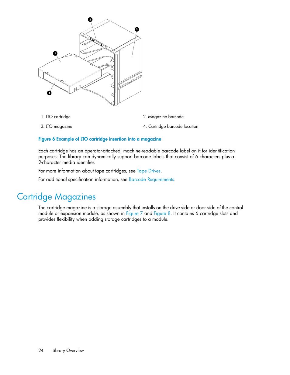 Cartridge magazines, Example of lto cartridge insertion into a magazine, Figure 6 | HP StoreEver ESL G3 Tape Libraries User Manual | Page 24 / 286