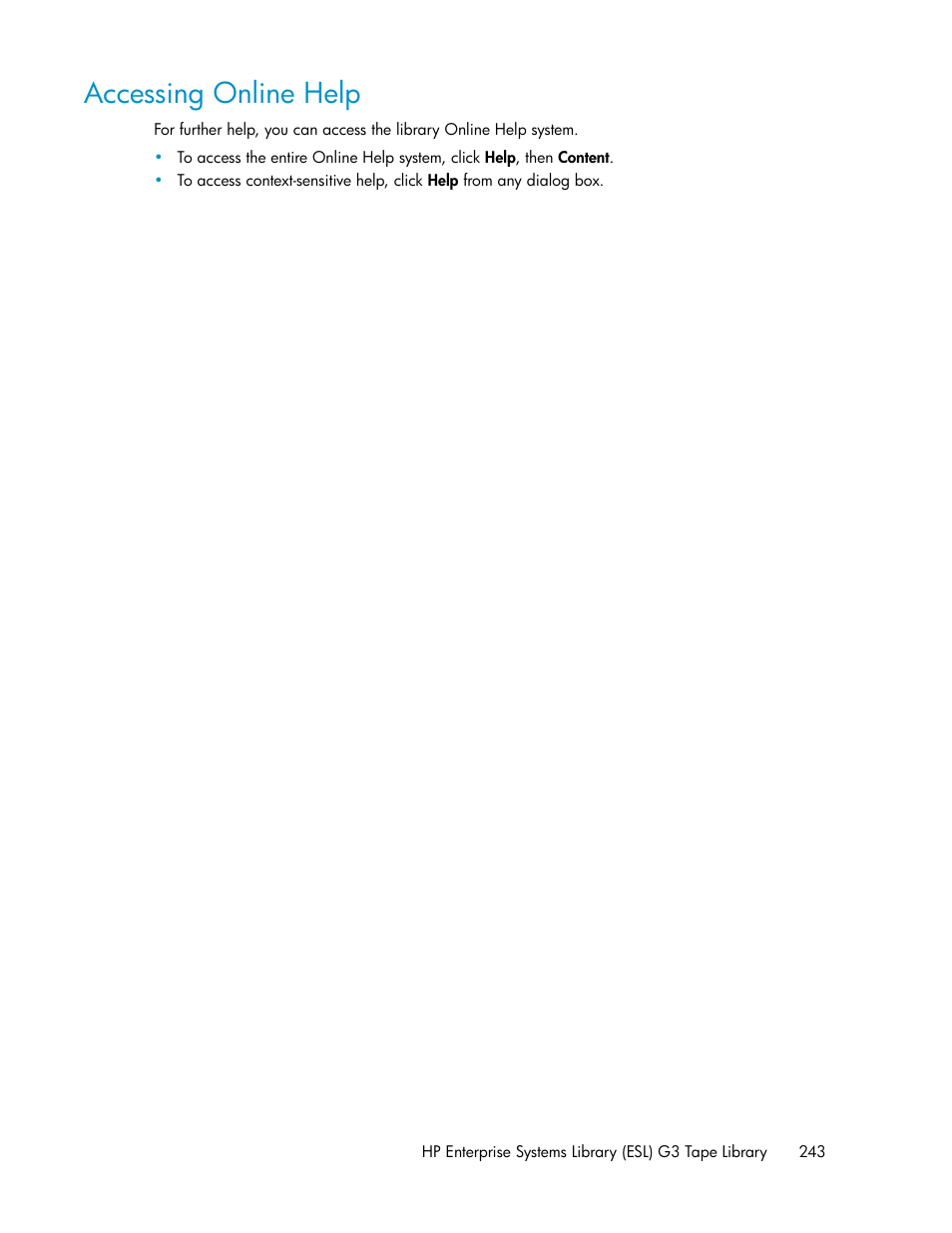 Accessing online help | HP StoreEver ESL G3 Tape Libraries User Manual | Page 243 / 286