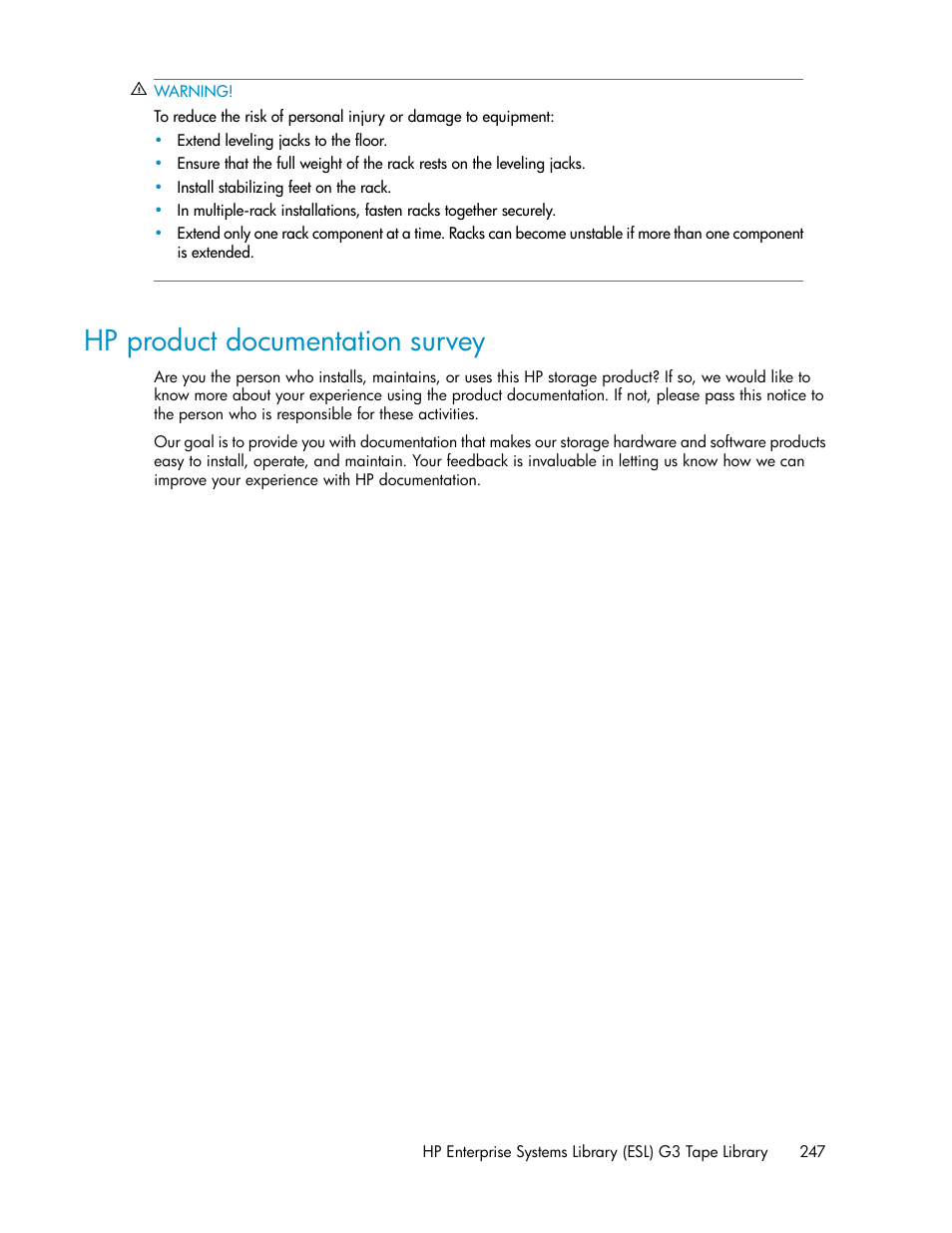 Hp product documentation survey | HP StoreEver ESL G3 Tape Libraries User Manual | Page 247 / 286