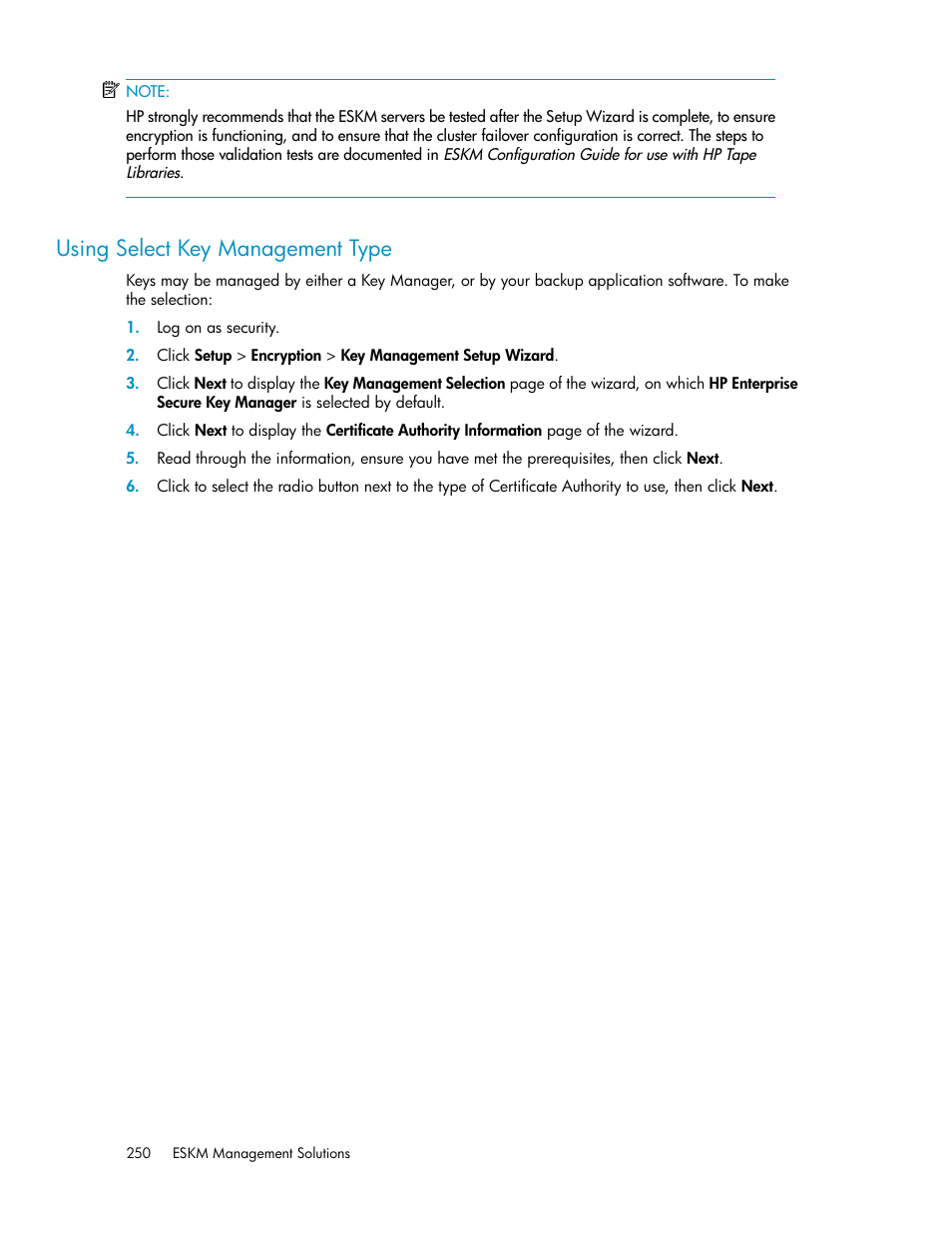 Using select key management type | HP StoreEver ESL G3 Tape Libraries User Manual | Page 250 / 286