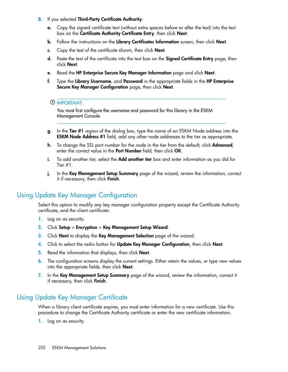 Using update key manager configuration, Using update key manager certificate, 252 using update key manager certificate | HP StoreEver ESL G3 Tape Libraries User Manual | Page 252 / 286