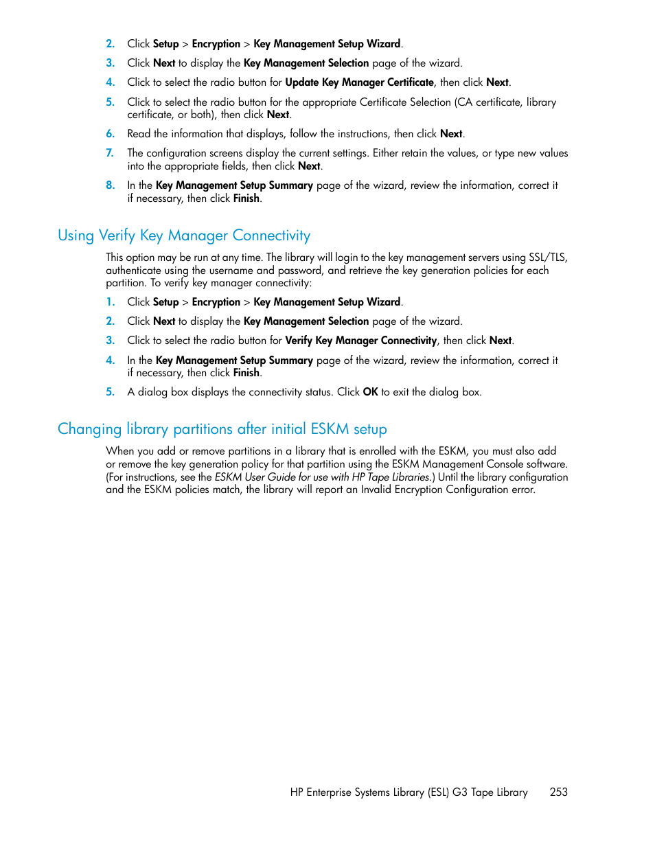 Using verify key manager connectivity | HP StoreEver ESL G3 Tape Libraries User Manual | Page 253 / 286