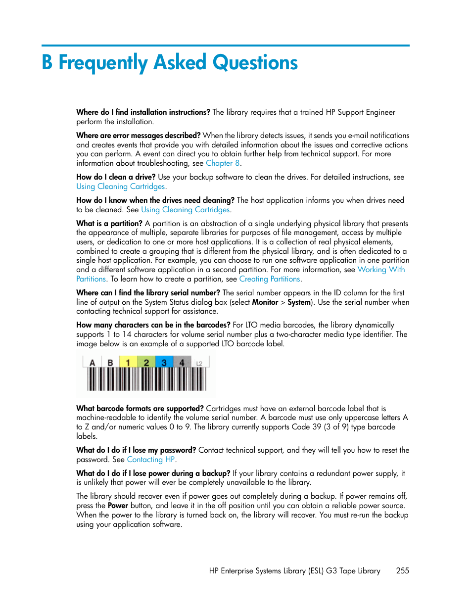 B frequently asked questions | HP StoreEver ESL G3 Tape Libraries User Manual | Page 255 / 286