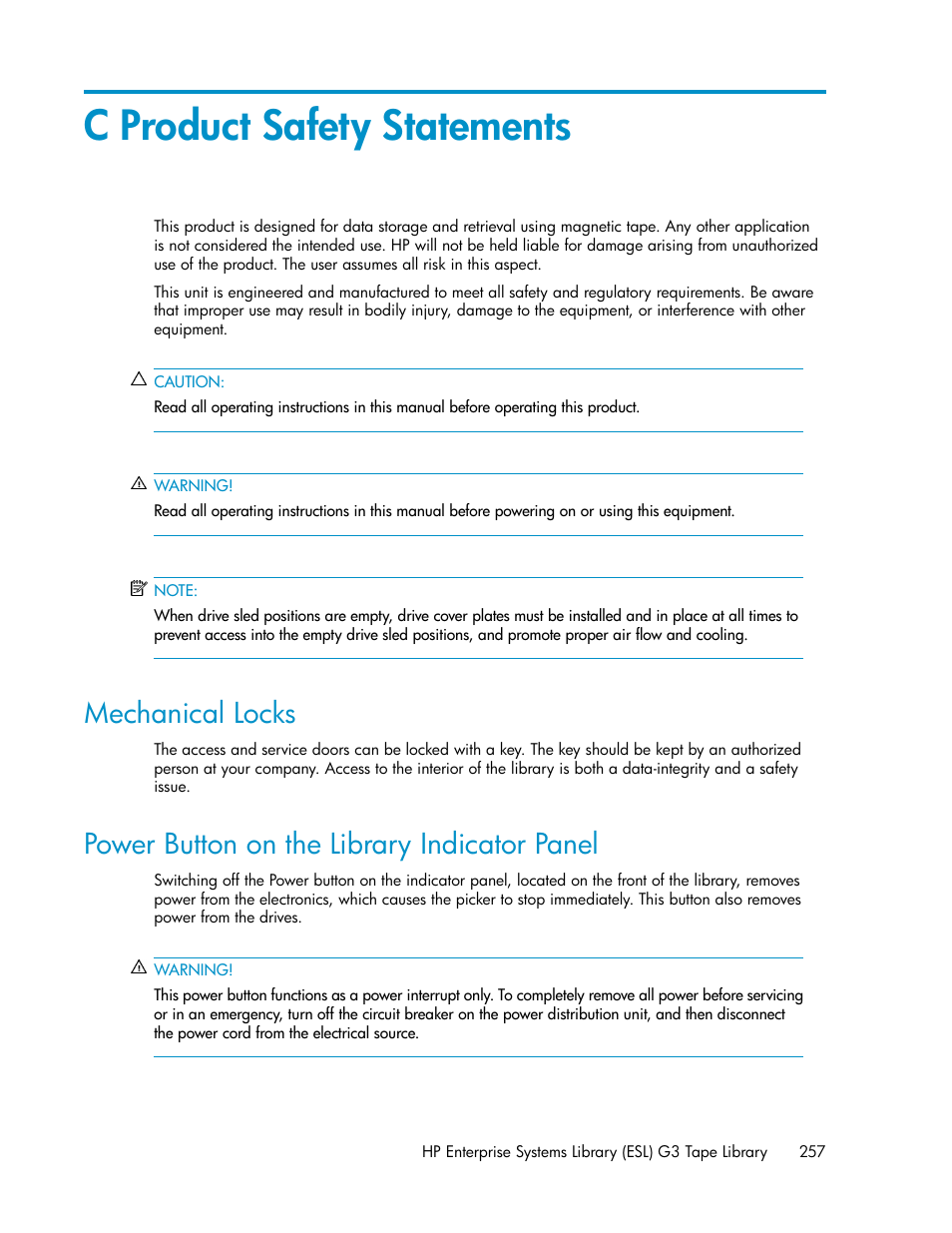 C product safety statements, Mechanical locks, Power button on the library indicator panel | 257 power button on the library indicator panel | HP StoreEver ESL G3 Tape Libraries User Manual | Page 257 / 286