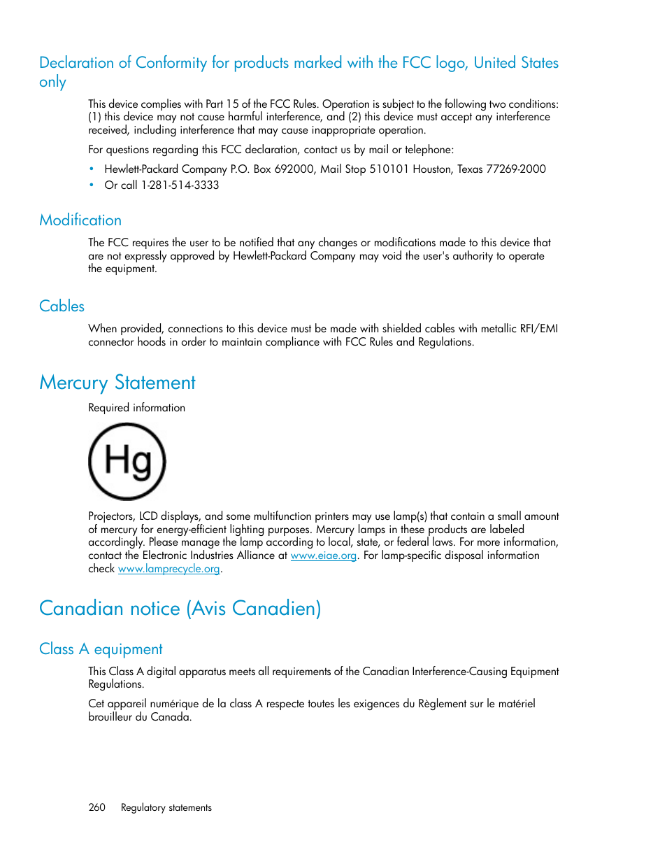 Modification, Cables, Mercury statement | Canadian notice (avis canadien), Class a equipment, 260 modification, 260 cables, 260 canadian notice (avis canadien) | HP StoreEver ESL G3 Tape Libraries User Manual | Page 260 / 286