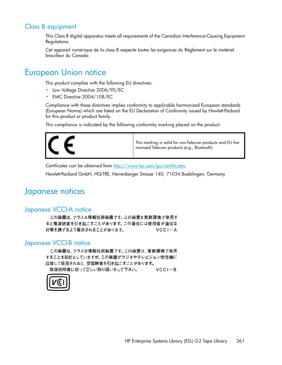 Class b equipment, European union notice, Japanese notices | Japanese vcci-a notice, Japanese vcci-b notice, 261 japanese notices, 261 japanese vcci-b notice, Japanese vcci-a notice japanese vcci-b notice | HP StoreEver ESL G3 Tape Libraries User Manual | Page 261 / 286