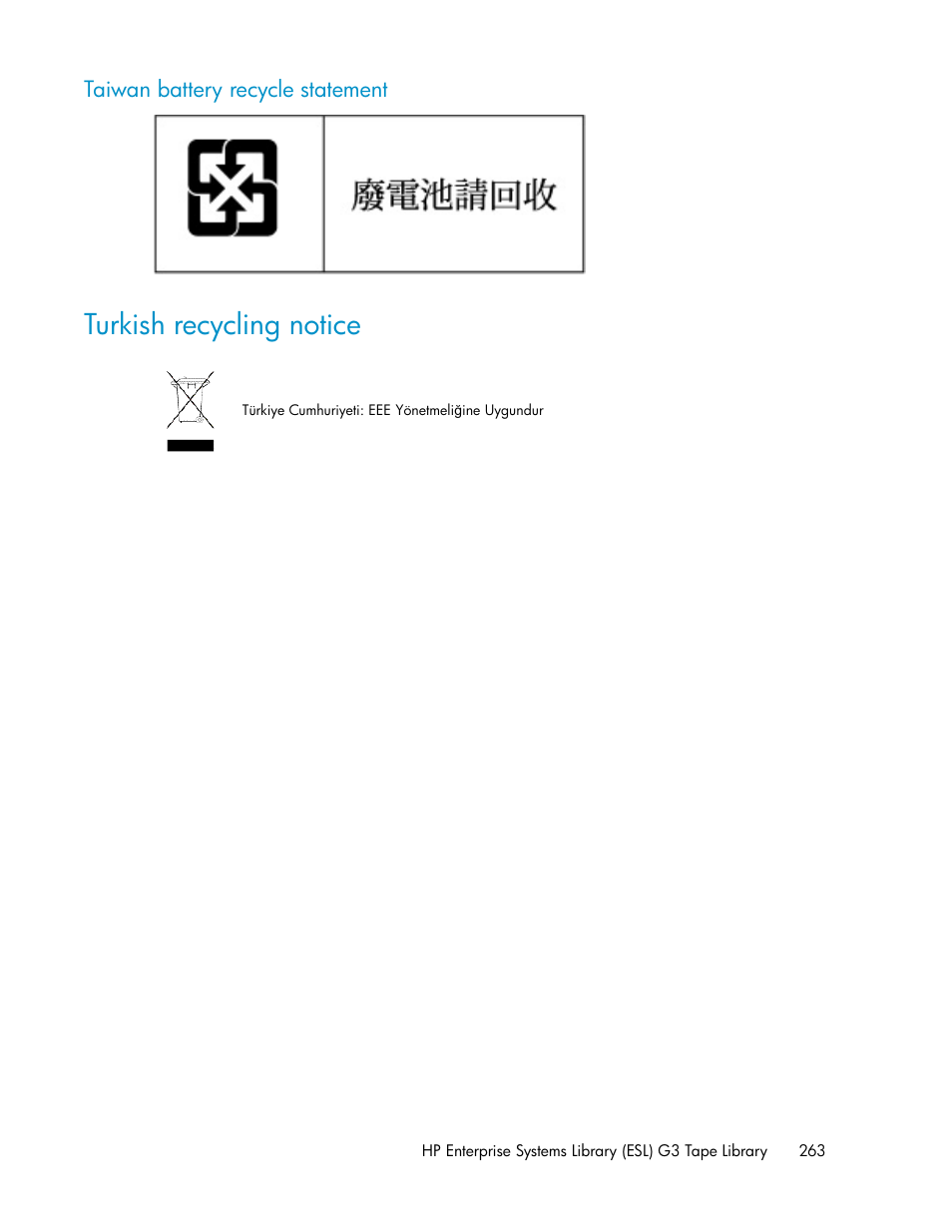 Taiwan battery recycle statement, Turkish recycling notice | HP StoreEver ESL G3 Tape Libraries User Manual | Page 263 / 286
