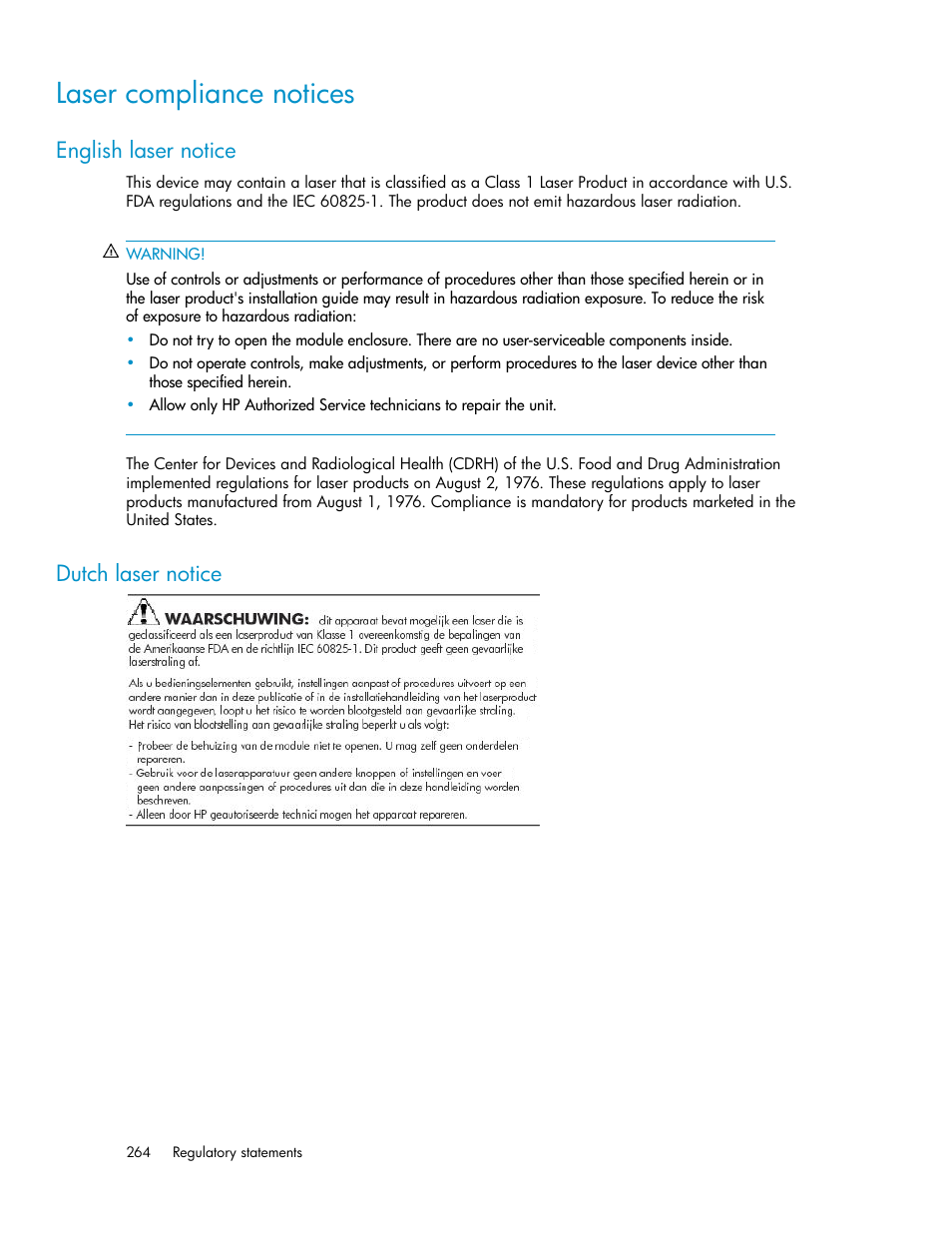 Laser compliance notices, English laser notice, Dutch laser notice | 264 dutch laser notice | HP StoreEver ESL G3 Tape Libraries User Manual | Page 264 / 286