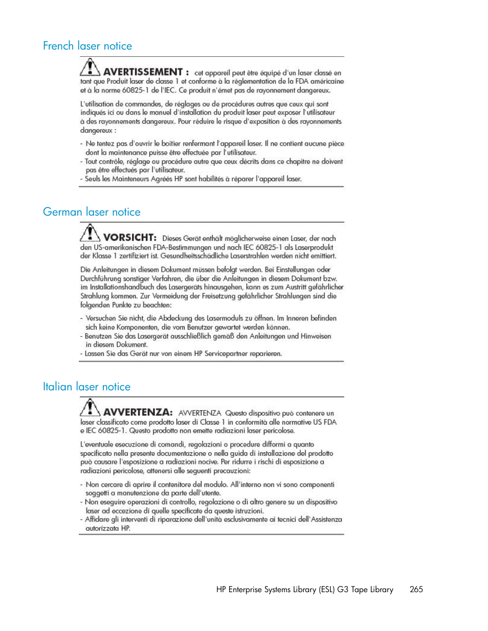 French laser notice, German laser notice, Italian laser notice | 265 german laser notice, 265 italian laser notice | HP StoreEver ESL G3 Tape Libraries User Manual | Page 265 / 286