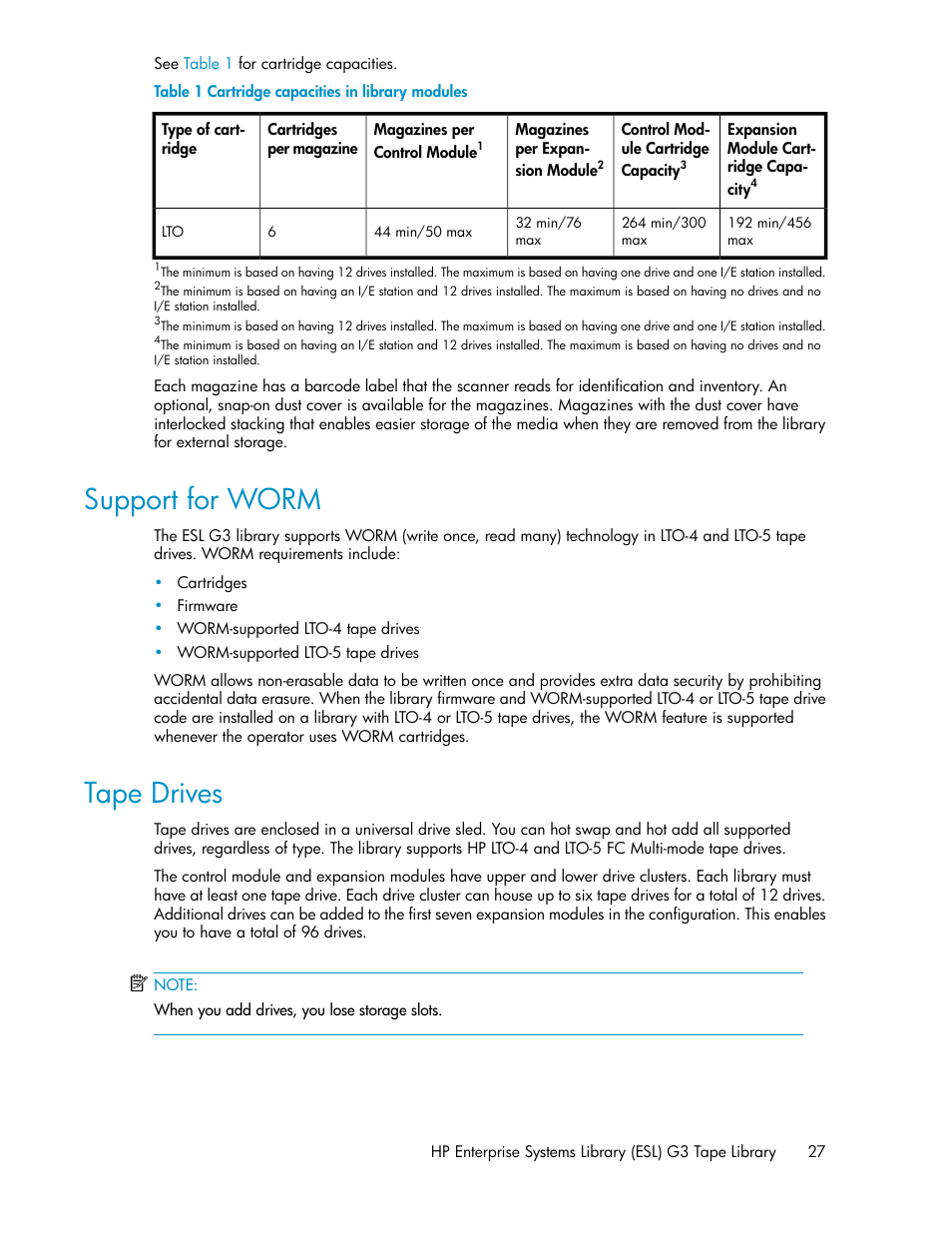 Support for worm, Tape drives, 27 tape drives | Cartridge capacities in library modules | HP StoreEver ESL G3 Tape Libraries User Manual | Page 27 / 286