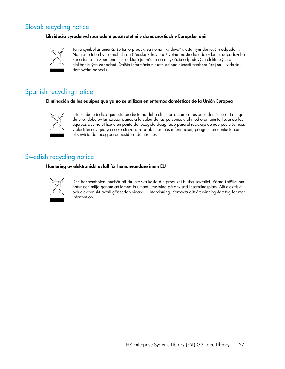 Slovak recycling notice, Spanish recycling notice, Swedish recycling notice | 271 spanish recycling notice, 271 swedish recycling notice | HP StoreEver ESL G3 Tape Libraries User Manual | Page 271 / 286