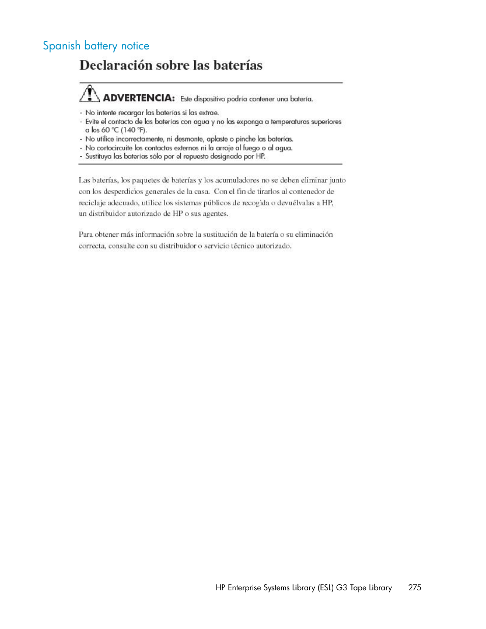 Spanish battery notice | HP StoreEver ESL G3 Tape Libraries User Manual | Page 275 / 286