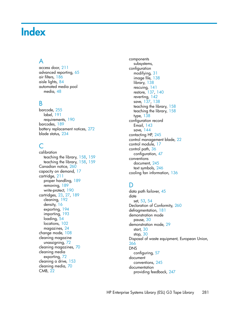 Index | HP StoreEver ESL G3 Tape Libraries User Manual | Page 281 / 286