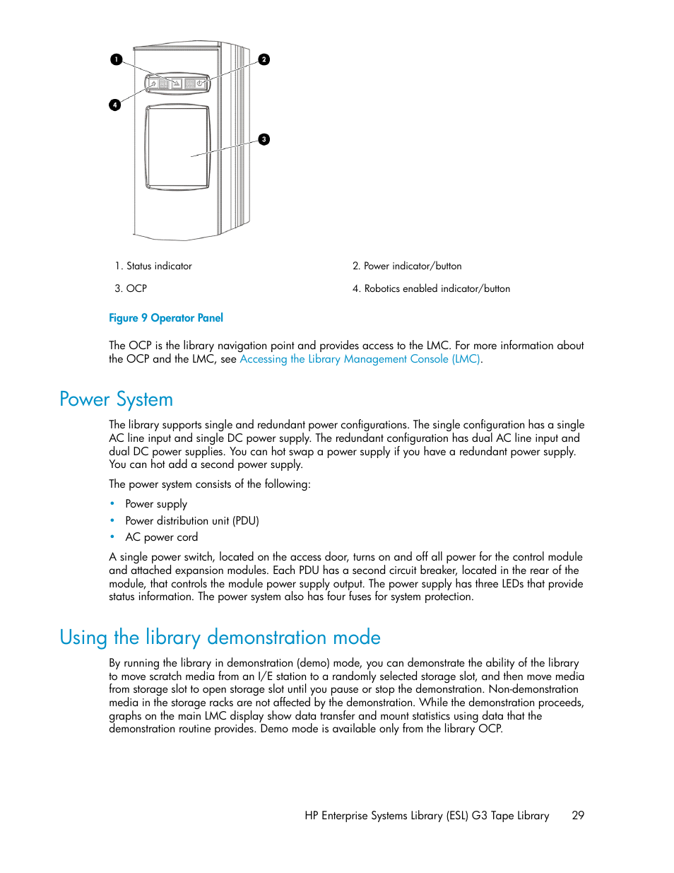 Power system, Using the library demonstration mode, 29 using the library demonstration mode | Operator panel, Figure 9 | HP StoreEver ESL G3 Tape Libraries User Manual | Page 29 / 286