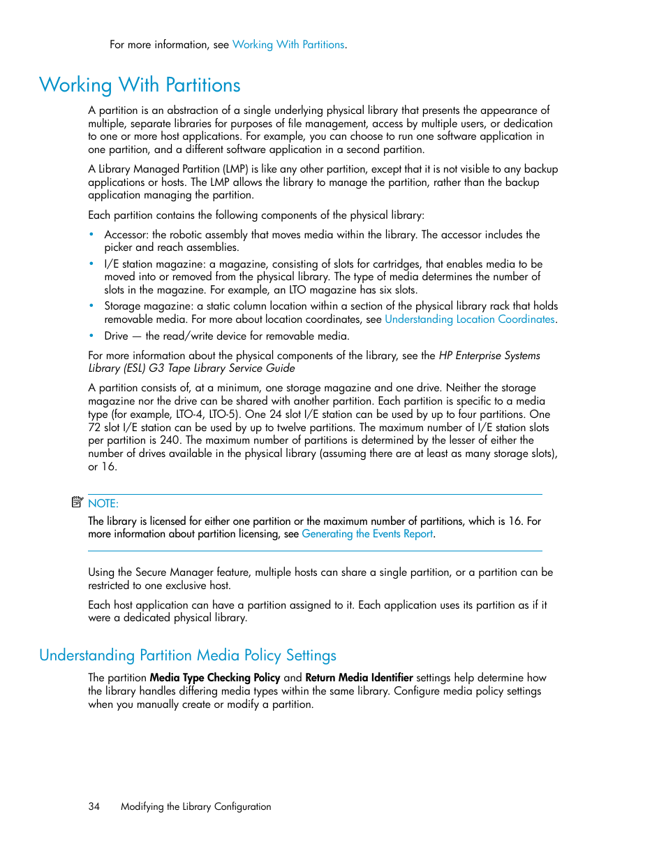 Working with partitions, Understanding partition media policy settings | HP StoreEver ESL G3 Tape Libraries User Manual | Page 34 / 286