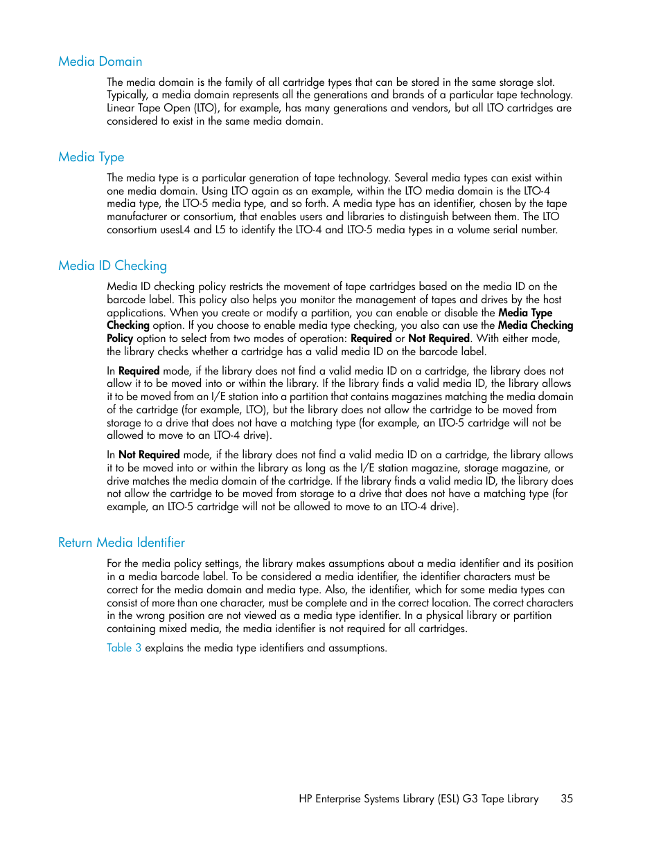 Media domain, Media type, Media id checking | Return media identifier, 35 media type, 35 media id checking, 35 return media identifier | HP StoreEver ESL G3 Tape Libraries User Manual | Page 35 / 286