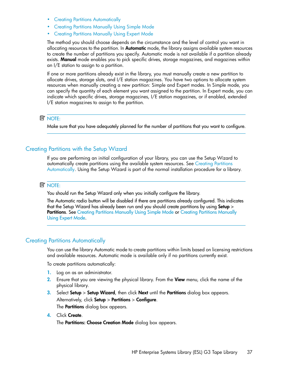 Creating partitions with the setup wizard, Creating partitions automatically, 37 creating partitions automatically | HP StoreEver ESL G3 Tape Libraries User Manual | Page 37 / 286